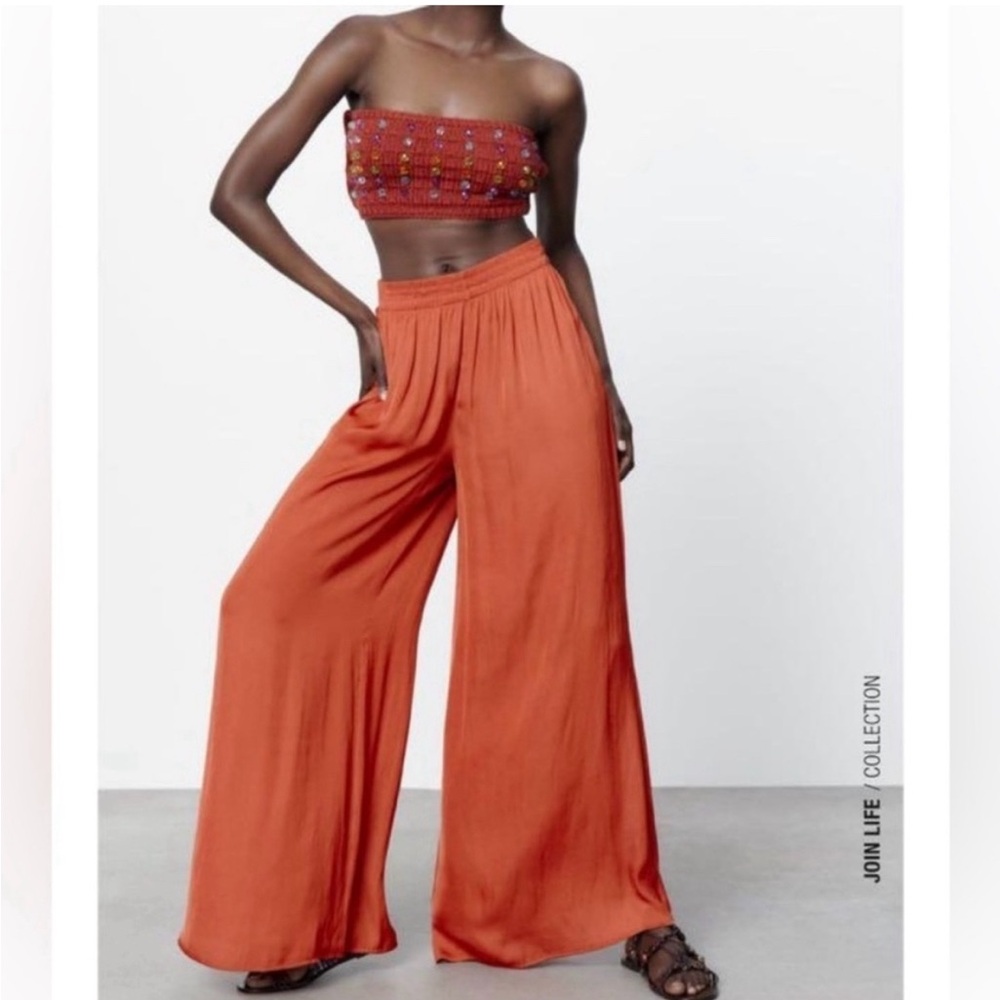 Chic Zara Satin Effect Elastic Wide Let Waist Pants w/ Pockets (Size Small)
